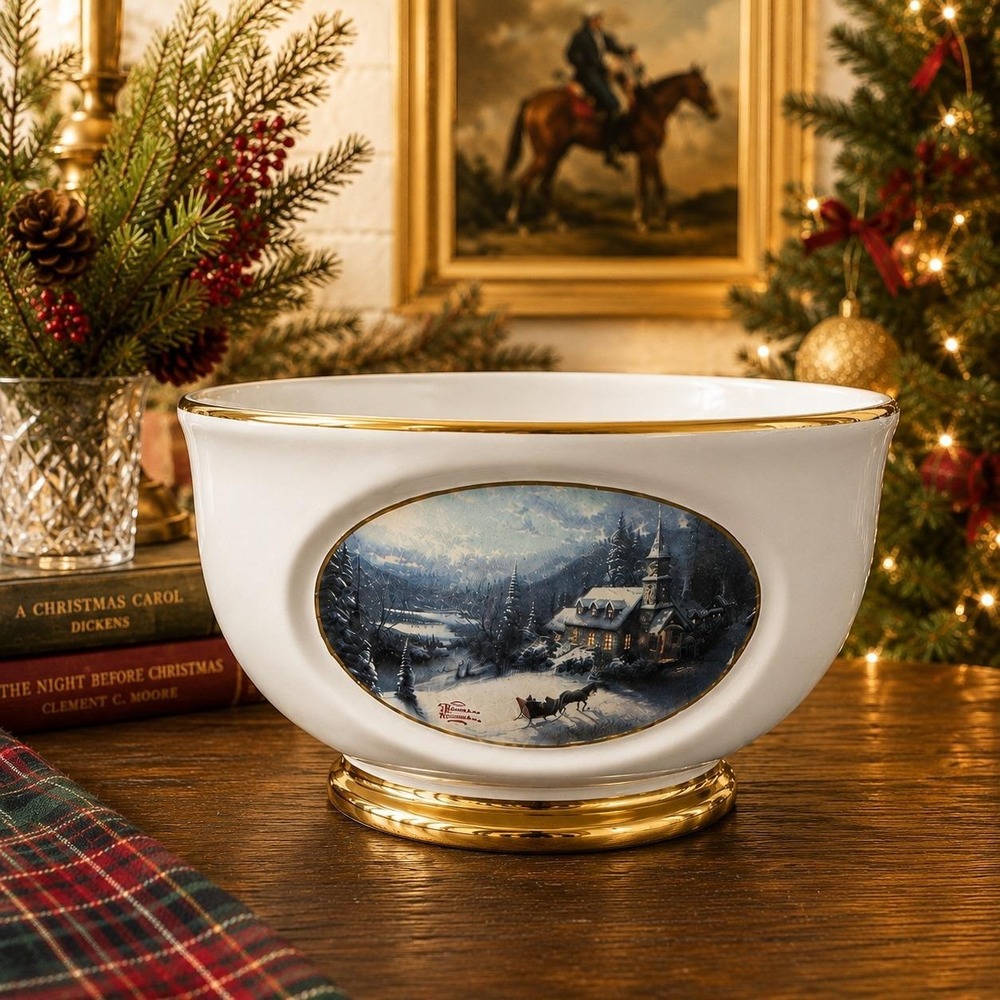 Thomas Kinkade Sleigh Ride Bowl Teleflora Gift Porcelain Gold‎ Rim Vintage